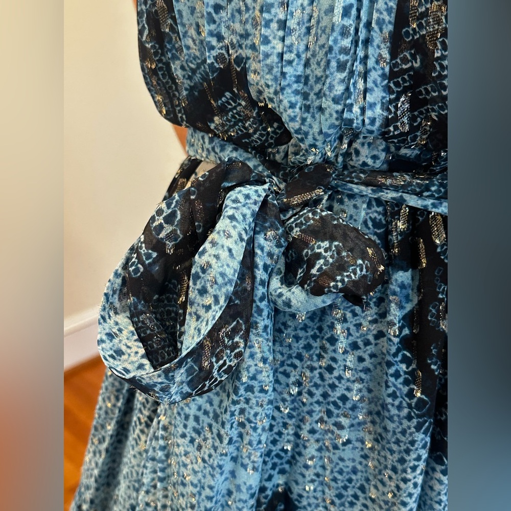 Ulla Johnson Silk Cocktail Dress Blue & Metallic Sleeveless V-Neck Conc Zip Sz 4 - Picture 9 of 12